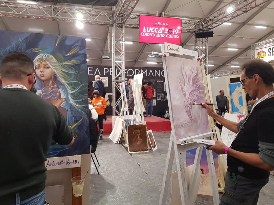 Antonello venditti art with the great master Ciruelo Cabral. AREA PERFORMANCE LUCCACOMICS&amp;GAMES 2019