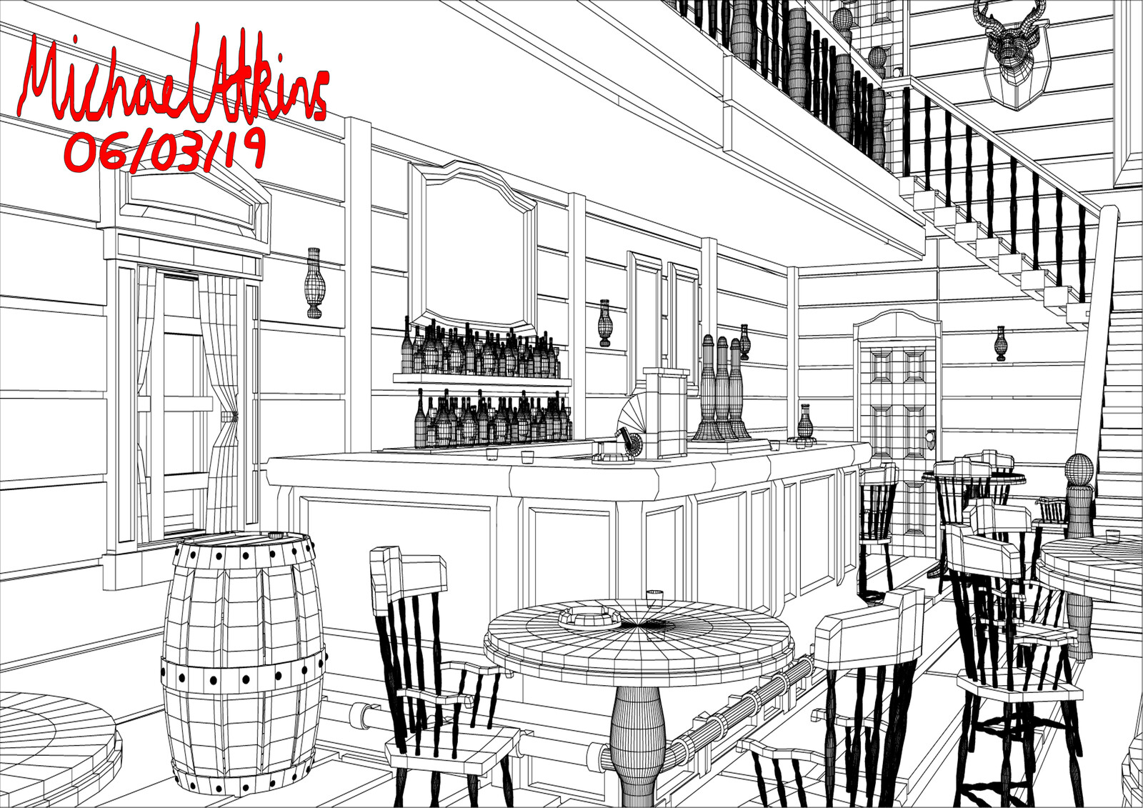 Artstation Michael Atkins 3d Saloon Interior Wireframe Michael