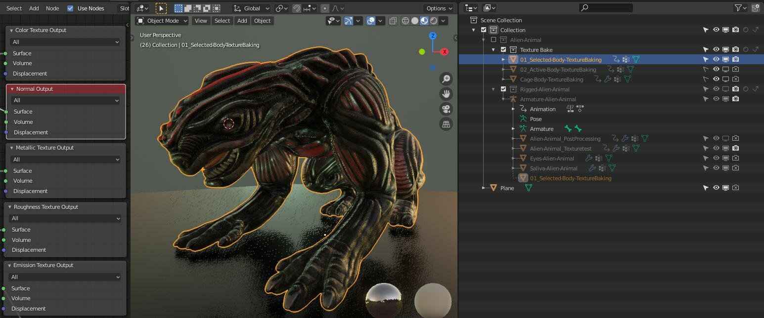 Object – 01_Selected-Body-TextureBaking:

This is the source object for the texture output.

– Color Texture Output
– Normal Output
– Metallic Texture Output
– Roughness Texture Output
– Emission Texture Output
