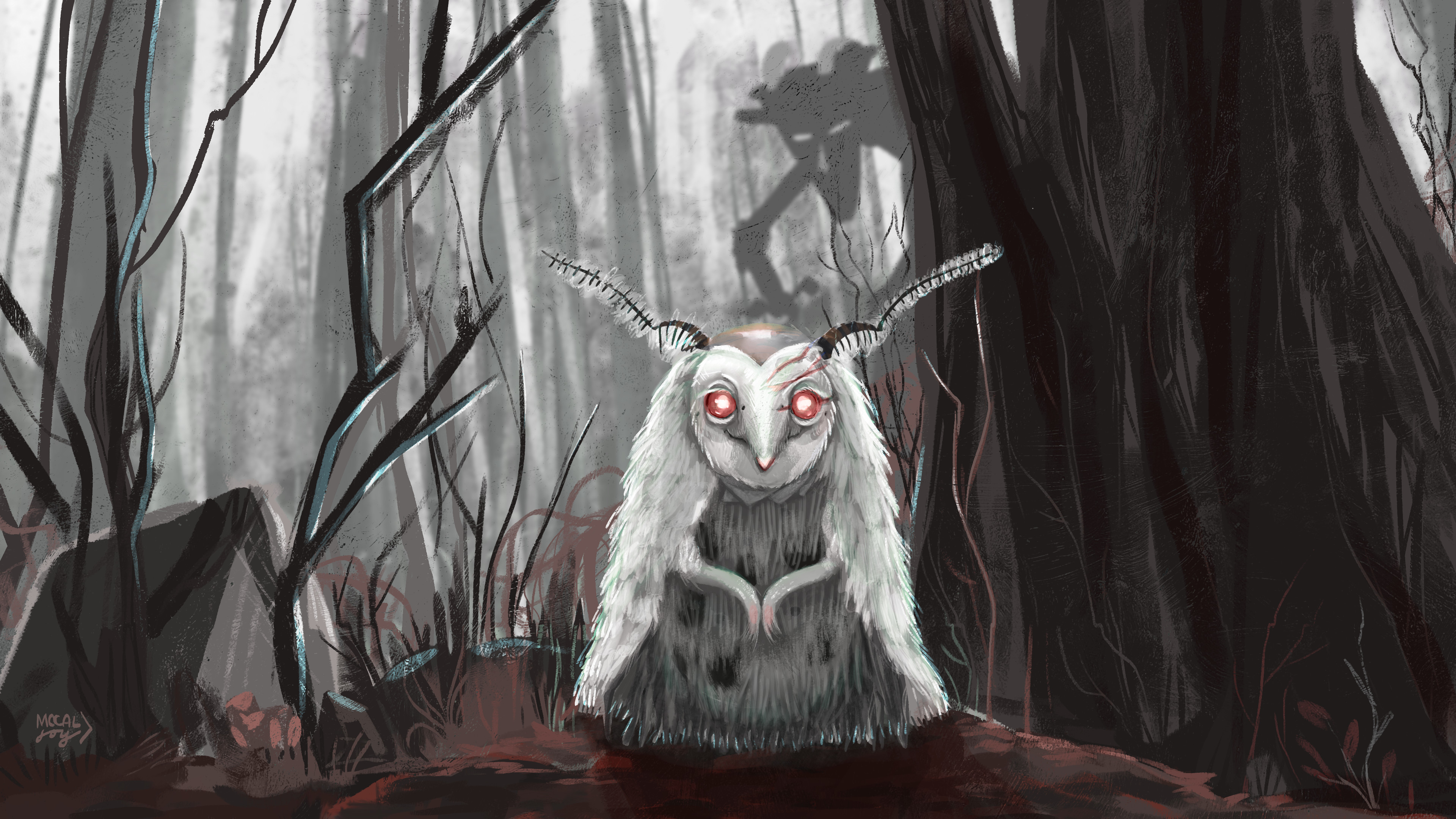 Creature 01, or Poo, as I've been calling her. Painted into her forest realm where she was born out of.