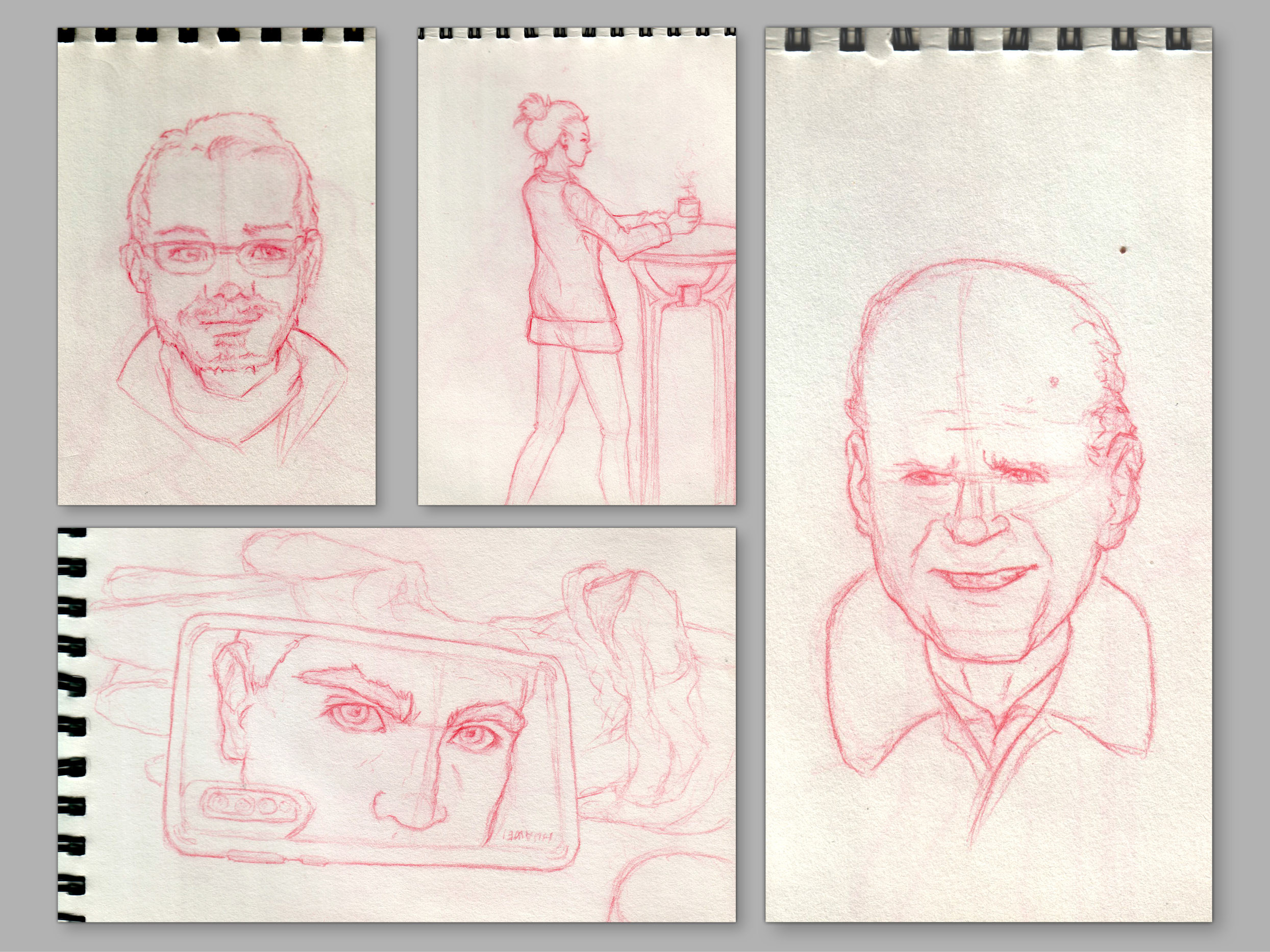 Sketches from live models in pubs. Traditional, red pencil.