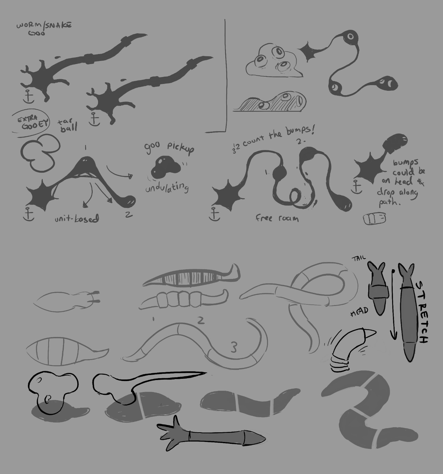 Early blob locomotion ideas.  A unit-based or free-form idea was discussed.