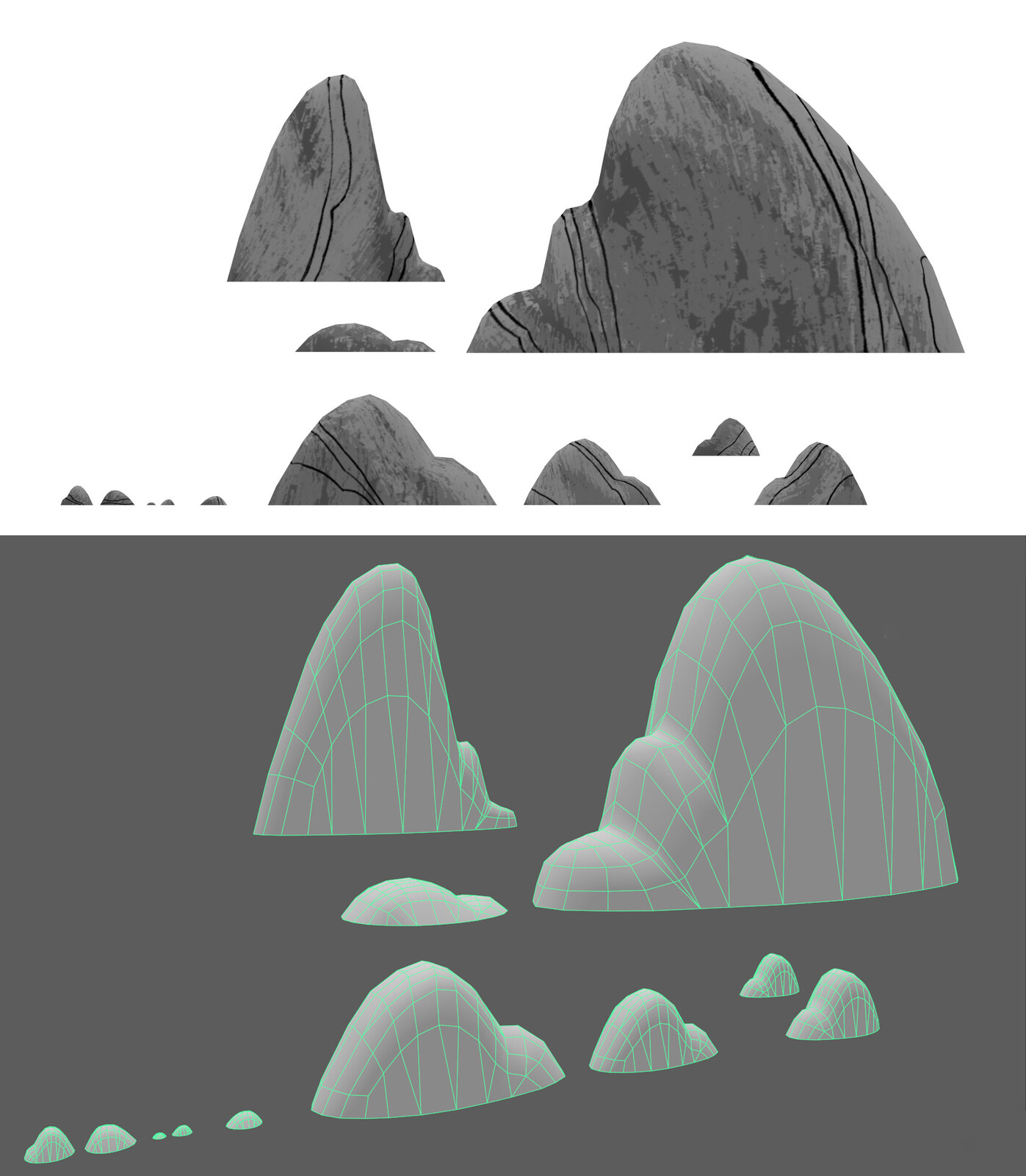 Flat render and wireframe of rocks