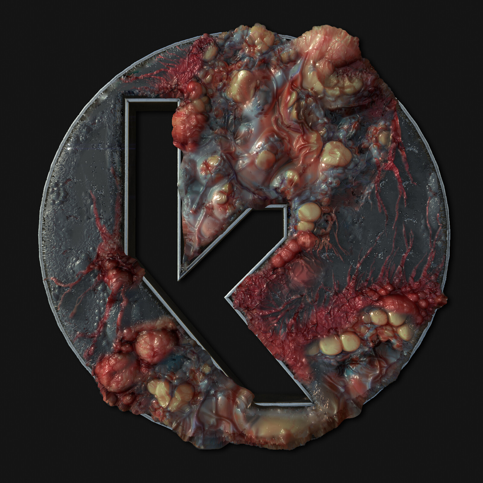 My logo as a 3D model, getting infected by procedural materials. 