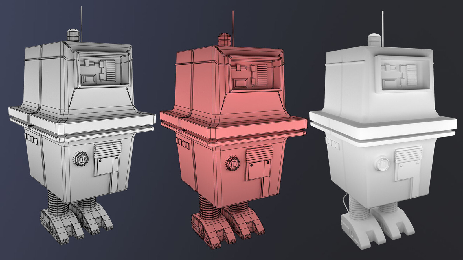 Wire frame, Clay (w/ wireframe), and Ambient Occlusion.
