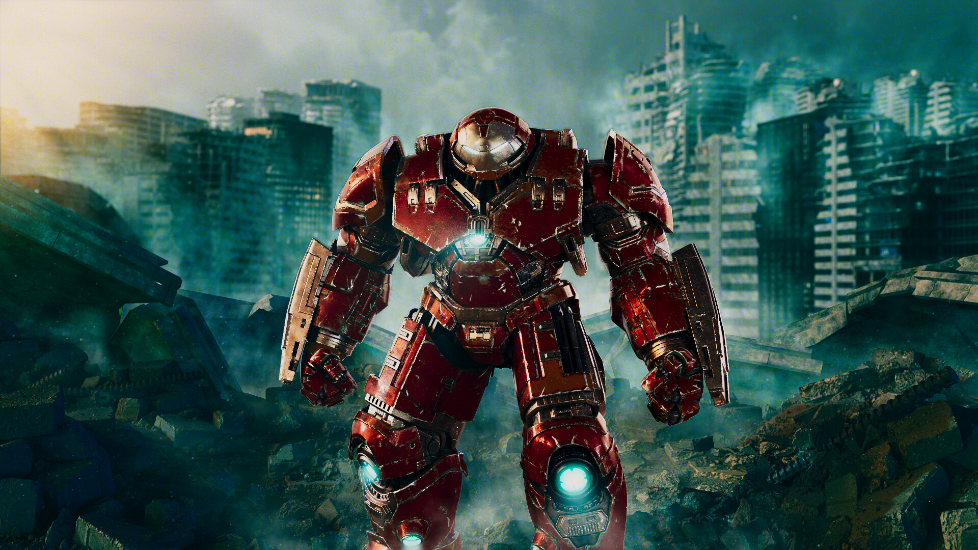Hulkbuster and the destroyed city.