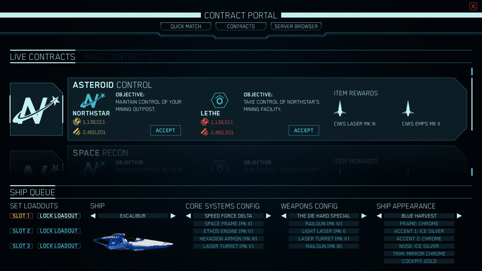 An alternate contract portal design. This one had a lot of negative space that wasn't being utilized well, and there was just more info we wanted available for the ship queue section, so it was redesigned as a vertical module.