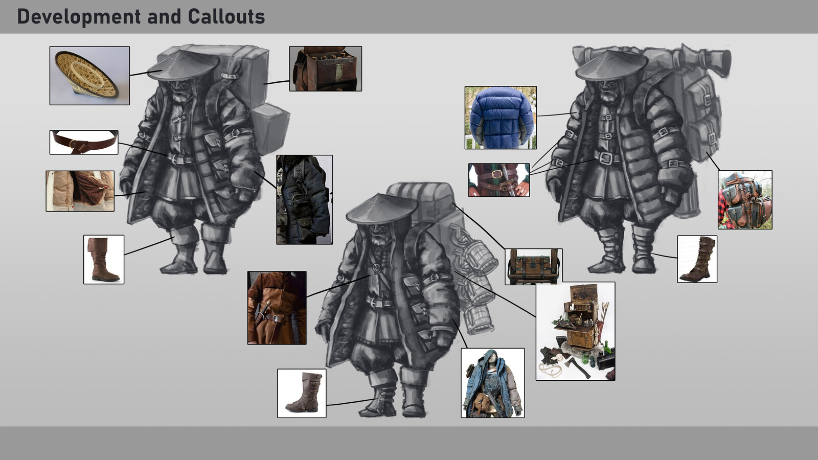 Material/Reference call-outs with variations on backpack design and clothing pieces.