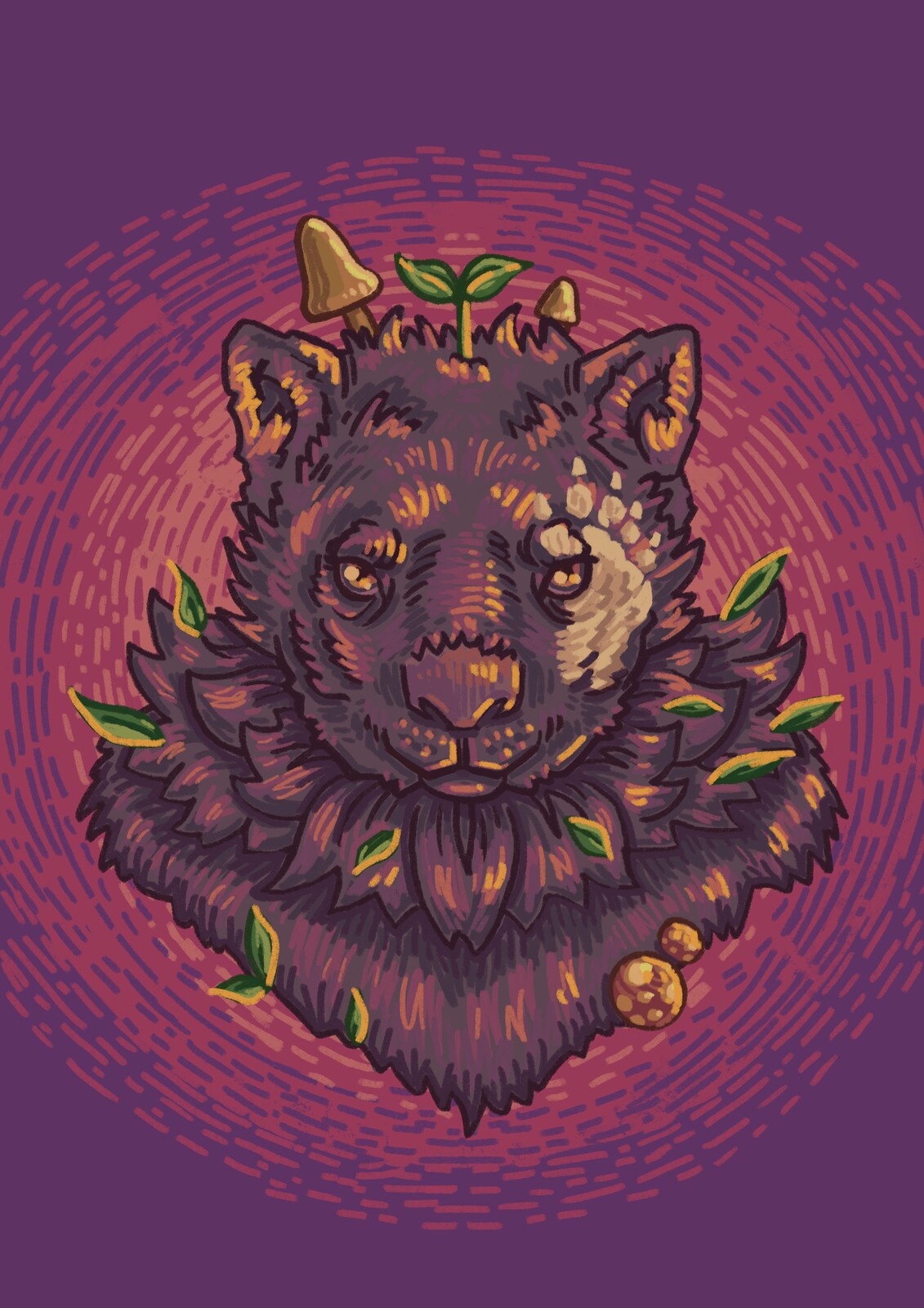 Wombat Druid portrait, in tune with nature and adorned with a wombat paw print, this is one of the 5 playable characters on this adventure!