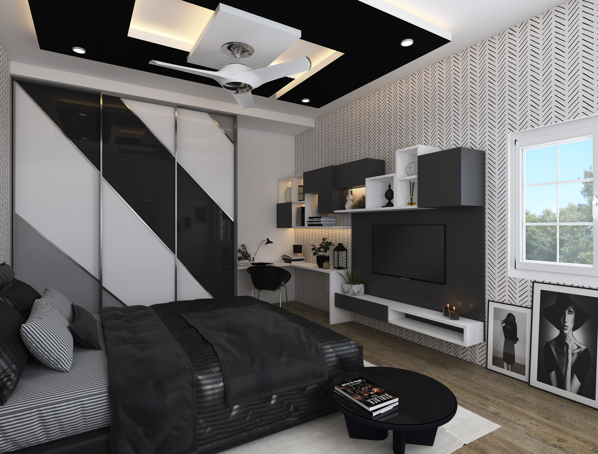 ArtStation - Bedroom with black and white color combination