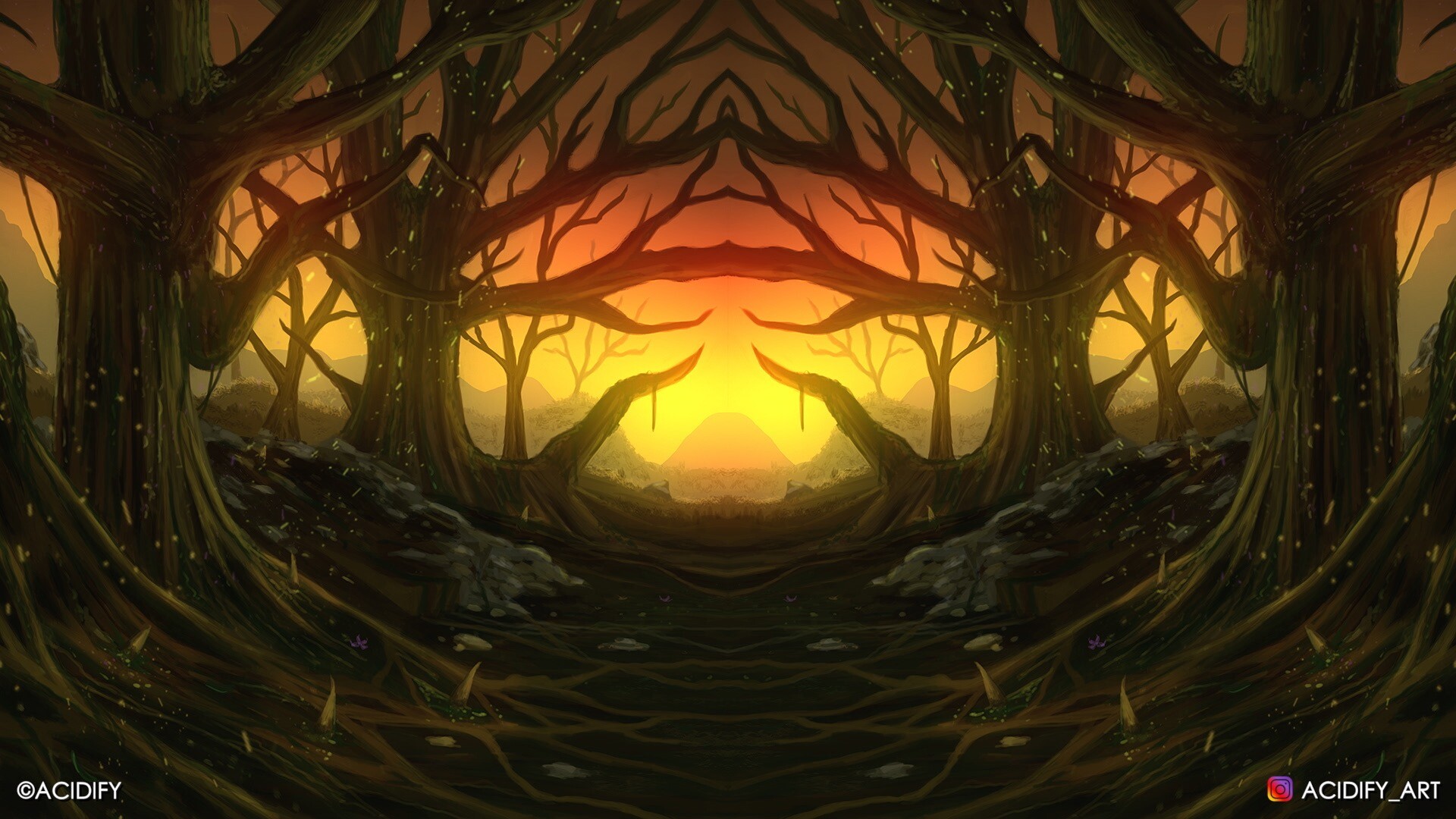 Acidify Art Sunset Valley 2d Environment Concept Art 2020