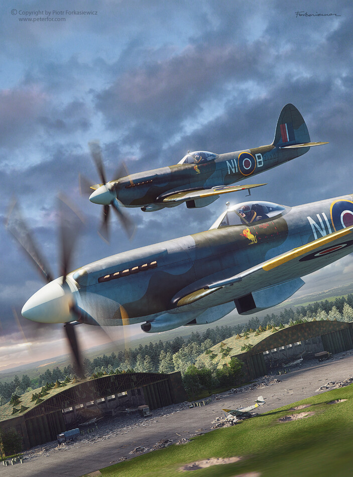 Australian Spitfires over german airfield