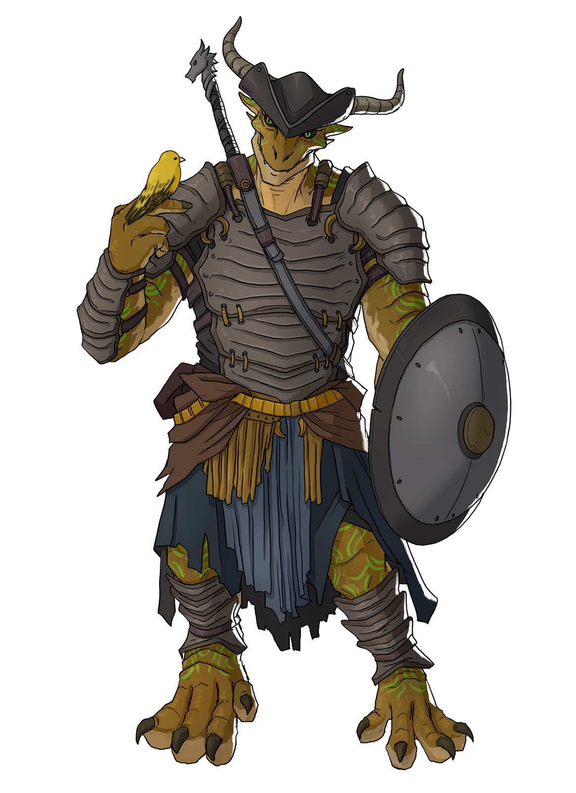 Krudos, Dragonborn Paladin of Conquest and Tweet, the yellow bird.