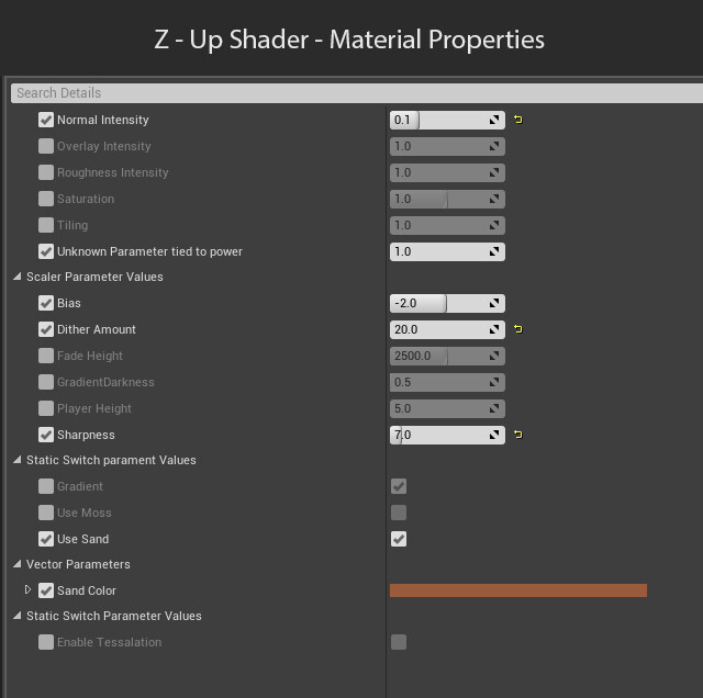 Z-Up Shader:

Here is a look into some the options that I was able to produce with the Z-Up shader. I utilized dithering/pixel depth offset for a smooth transition between meshes as well.