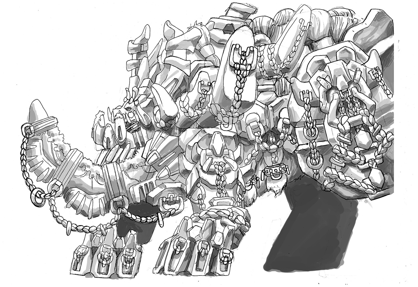 Line made with ink and volume made in Photoshop.