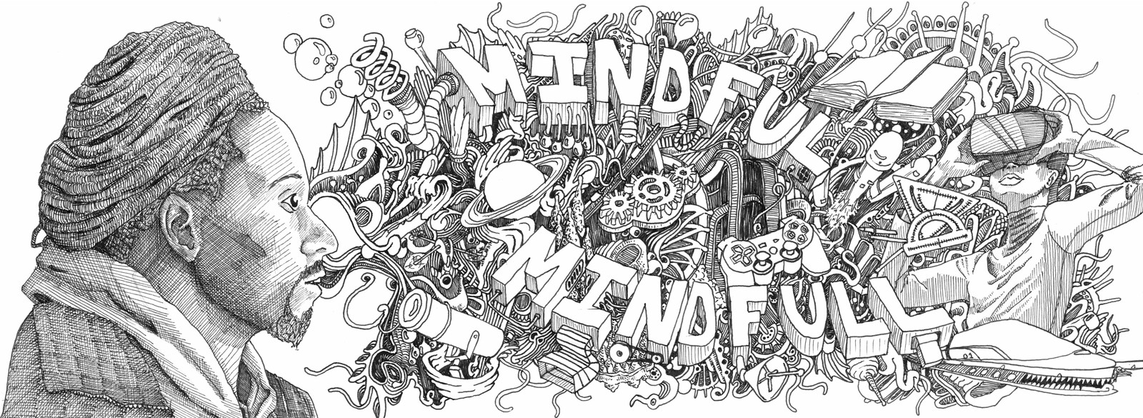 A commission for a friend's YouTube channel 'Mindful Mindfull'. Some elements of this drawing was planned out in pencil first.