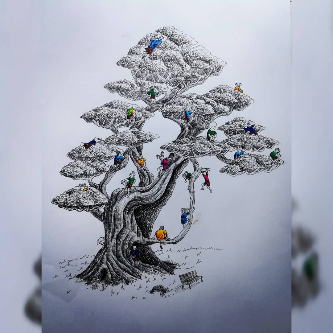 This tree was first drawn in pencil and then rendered in ink.