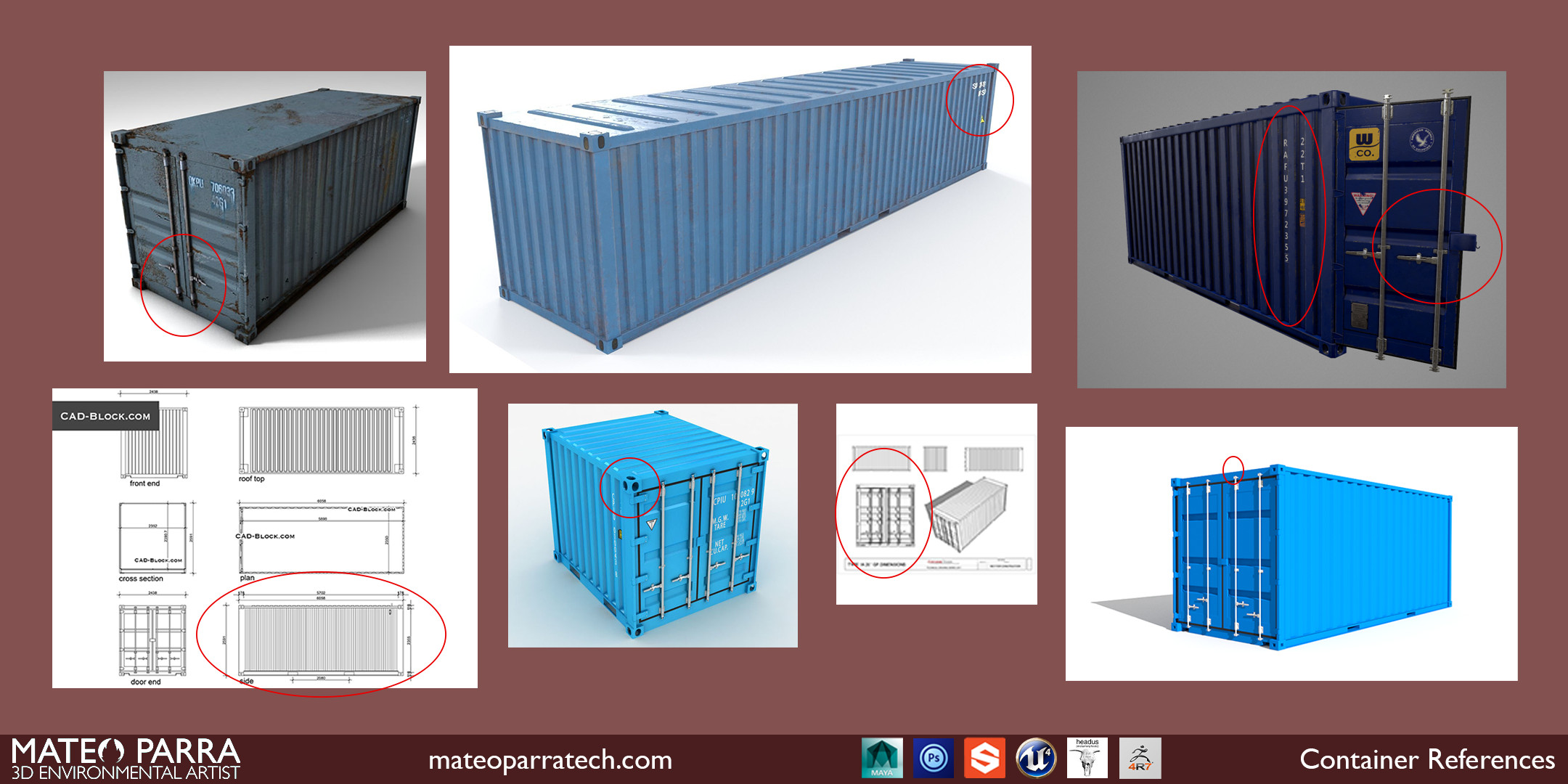 These are the references I used. Marked in red on each image are the parts I selected for inspiration.