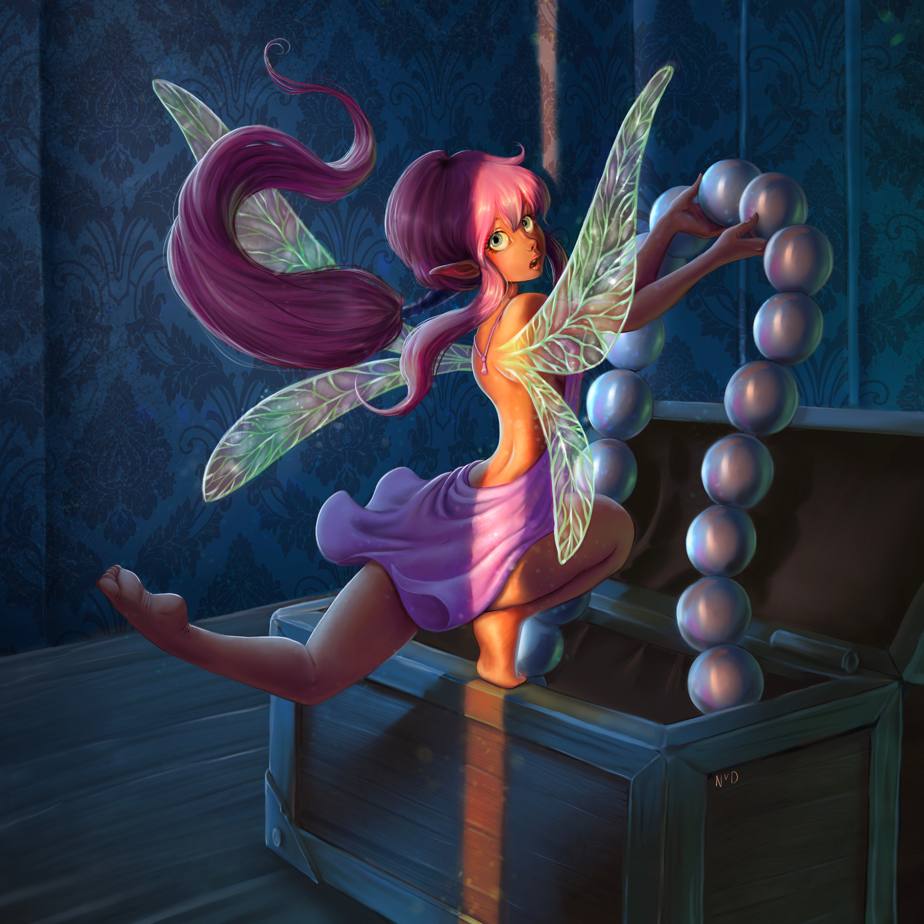 Faerie stealing a pearl necklace