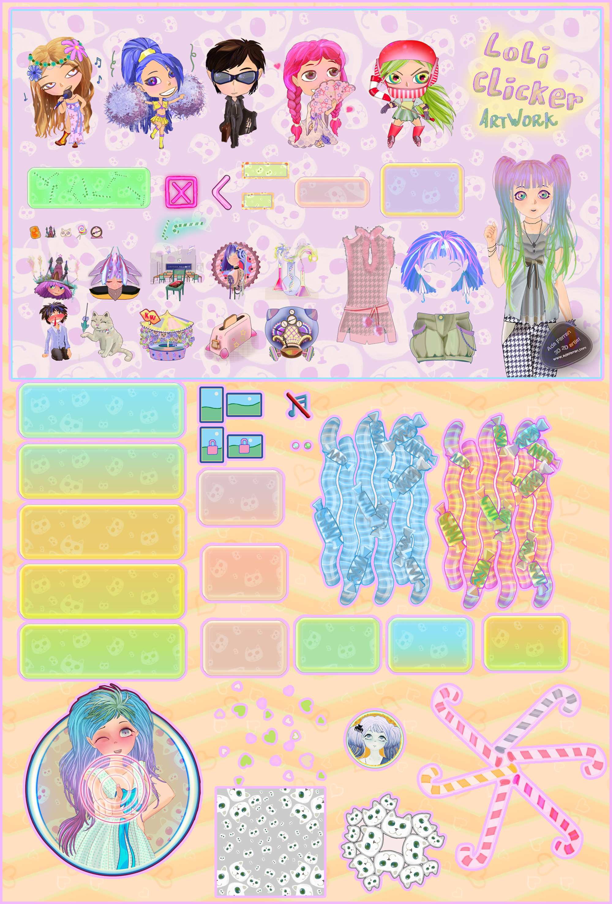 Set of buttons, backgrounds and other assets designed for the game.