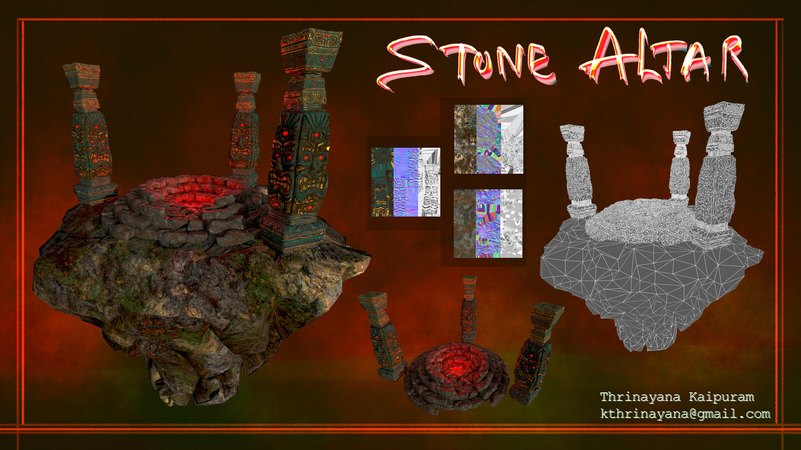 Final Render Composition of Aztec Stone Altar with Wireframe and Texture Channel Packing