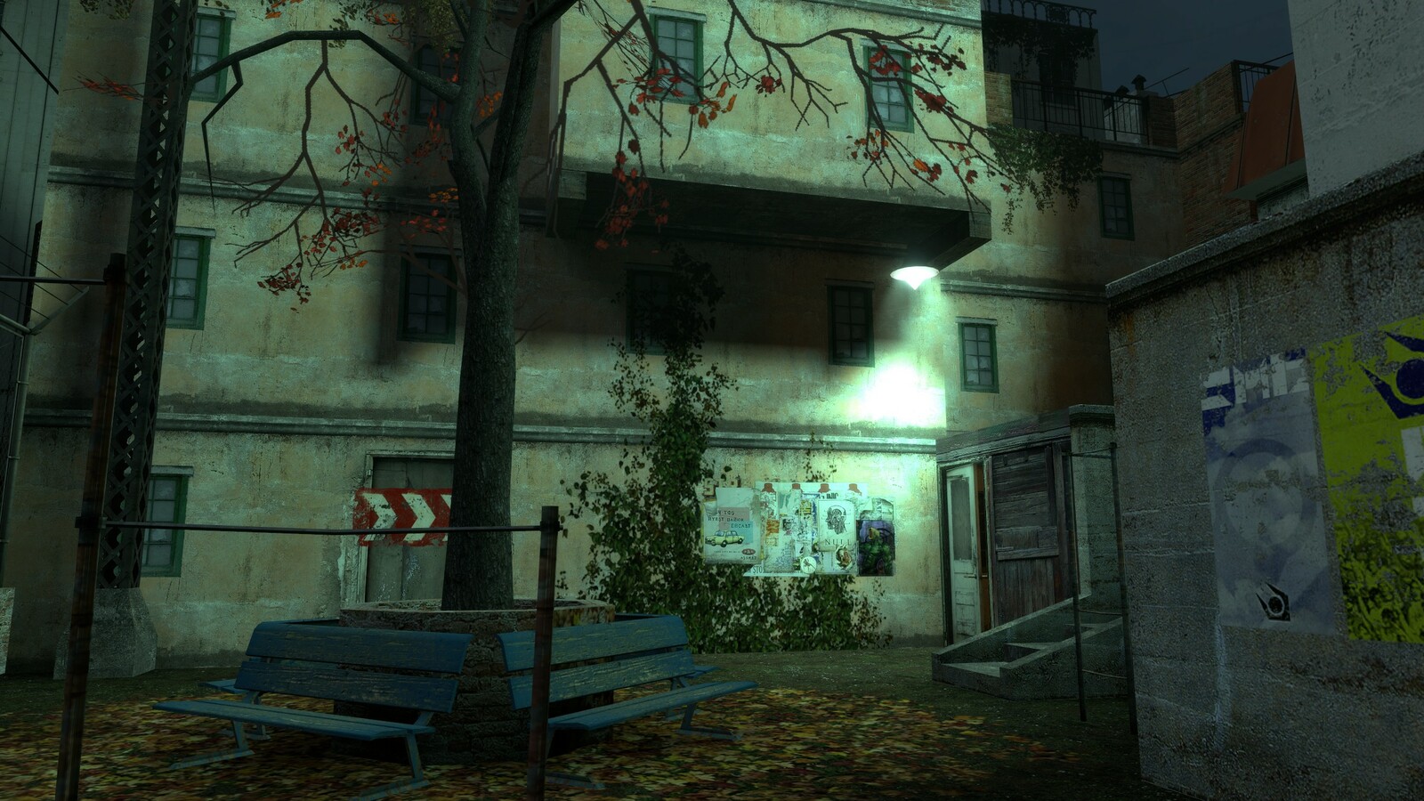 Lighting, decals and the slightly open door used to guide the player on the correct path.