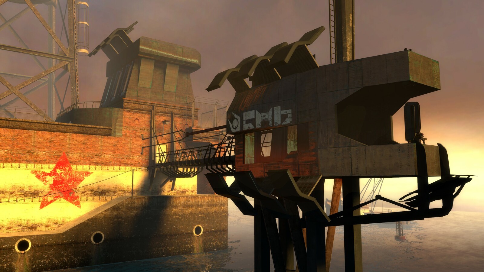 The combine lookout tower dominates the initial view the player has. Warning them of possible things to come.