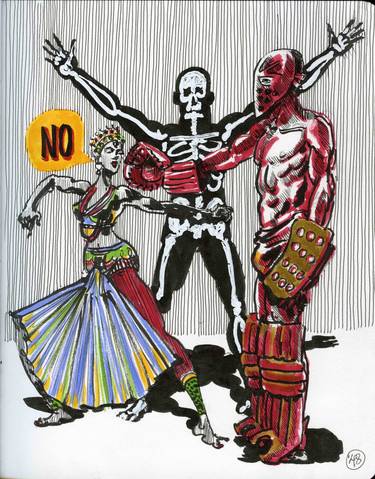 Costume designs for main characters.