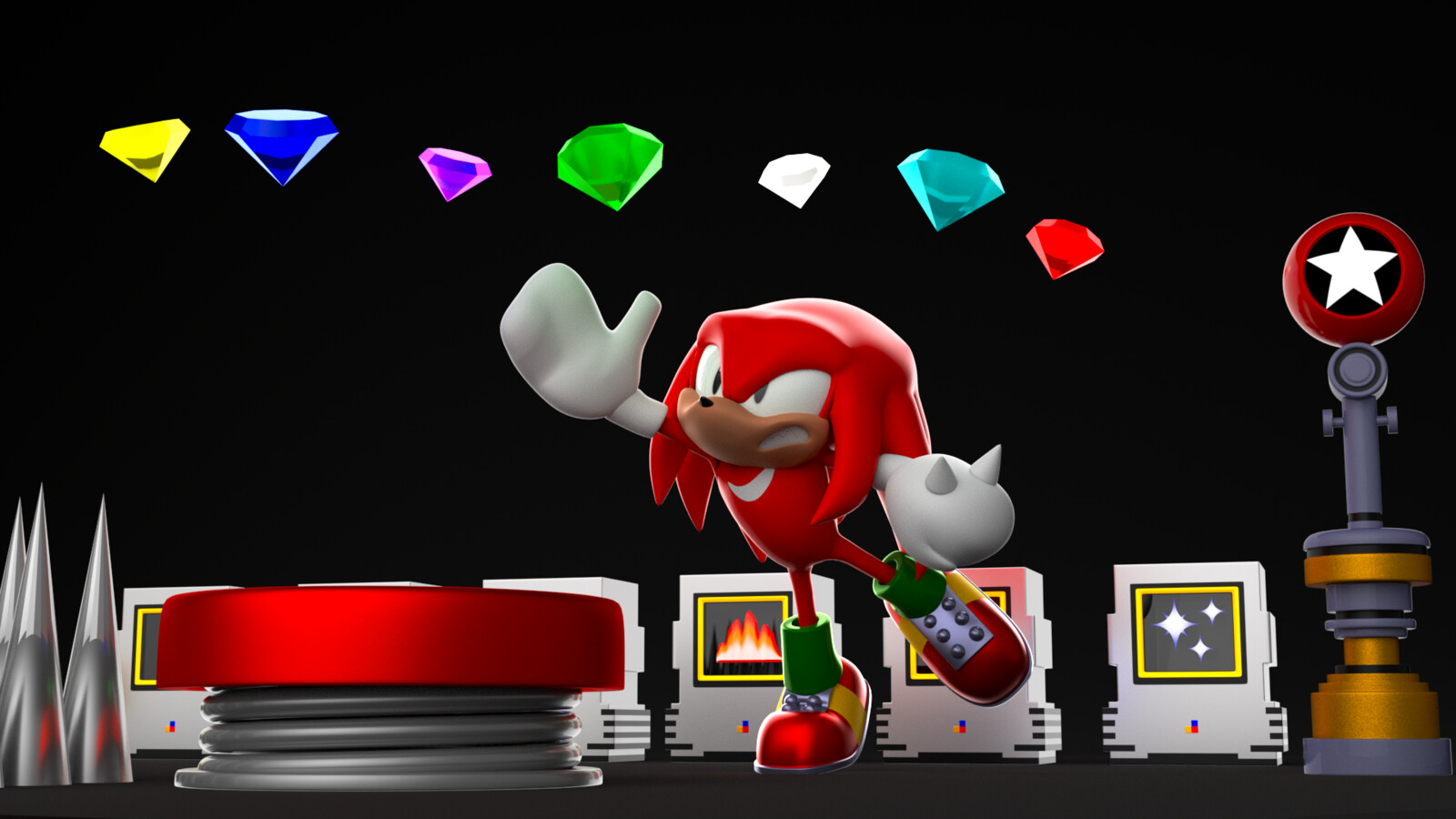 Knuckles wants the Chaos Emeralds back! Maybe if he jumped off the spring he'd reach them easier. I also made custom materials for Knuckles, but the original rig was by TheBlueBlur (https://gumroad.com/imeda3d#FjRiK)
