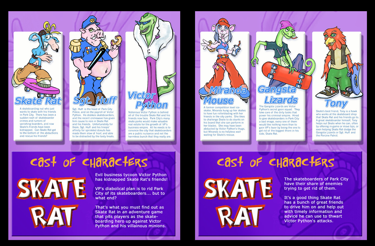 Skate Rat Character Designs. Characters for a game design and IP I created - the base idea being a skateboarding game intended for a young audience.