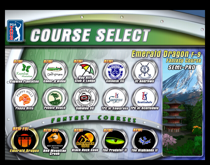 PGA Tour Course Select Screen. I served as Lead Artist for this trackball-controlled arcade port of EA's signature golf title. We had to re-design the UI screens + create new golf course additions.