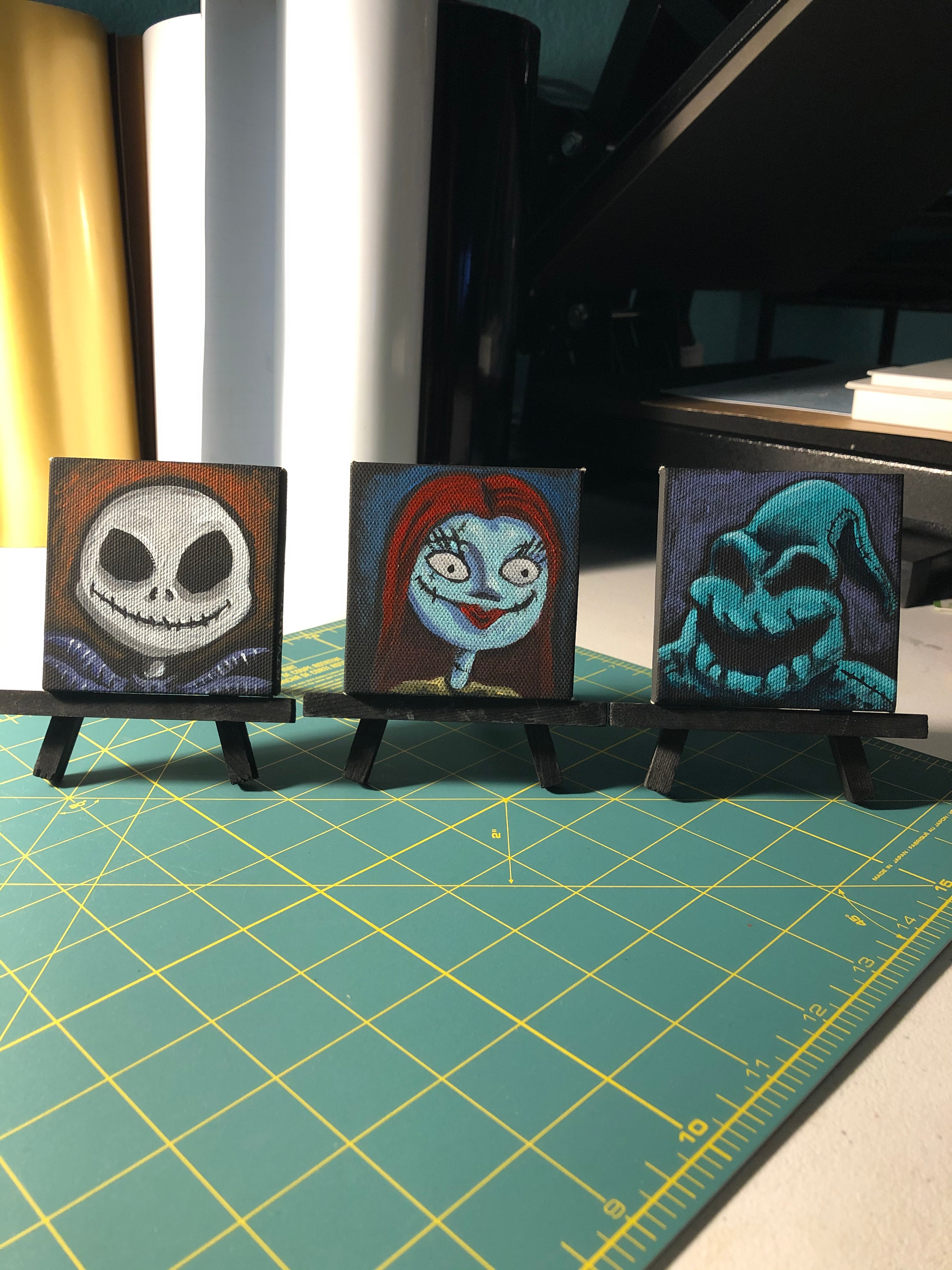 Nightmare Before Christmas, Jack, Sally and Oogie Boogie. Acrylic paintings on black mini canvas, 3x3 in.