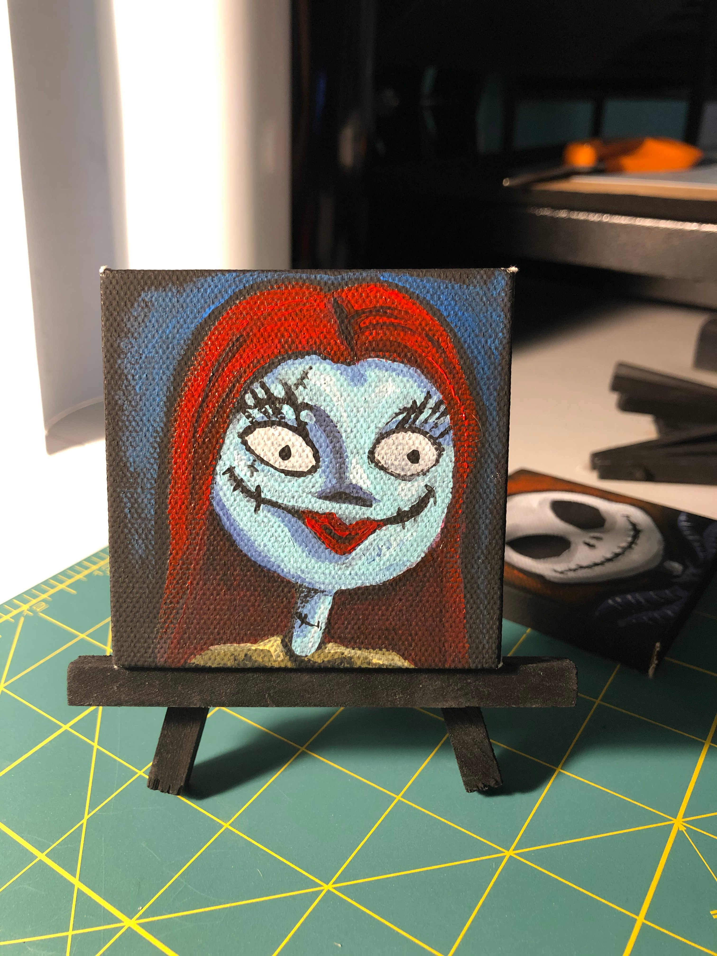 Nightmare Before Christmas, Sally. Acrylic paintings on black mini canvas, 3x3 in.