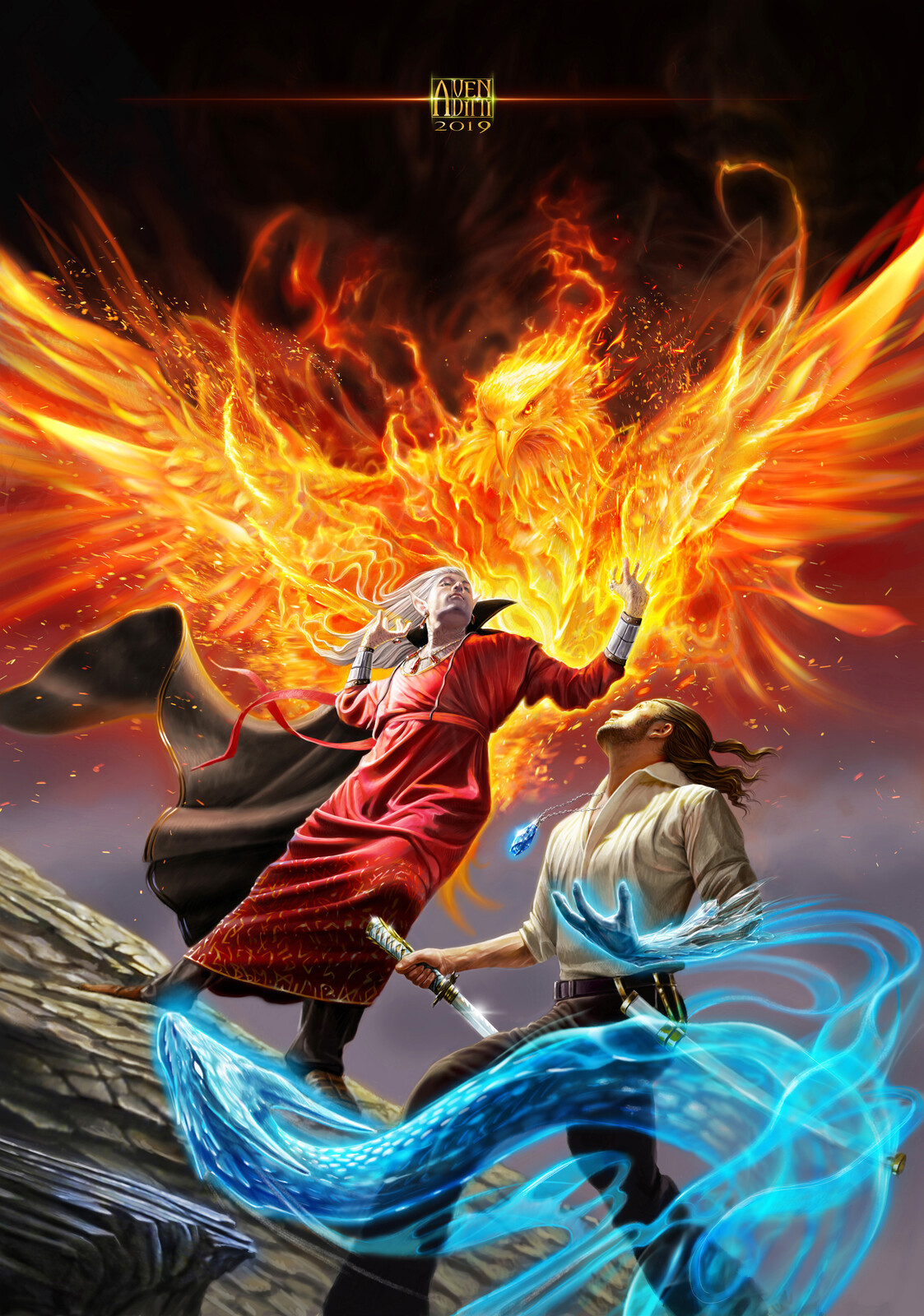 completed artwork wizard vs sorcerer elf - ice vs fire