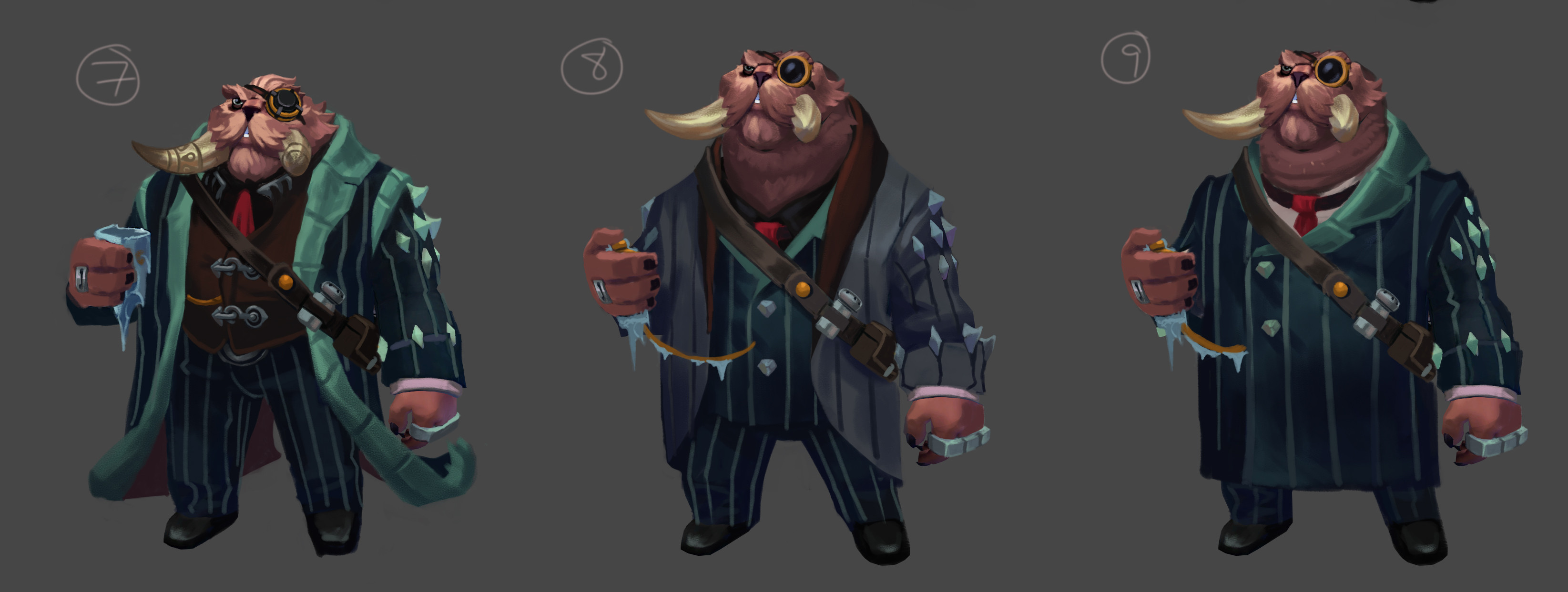 Concepting some Jull visual development Exploration - revamping his look,  clarify his clothing with his lore.  Grizzly Bear/Walrus mob boss with a nautical background is what I got to start with.