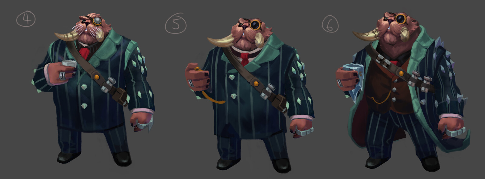 Concepting some Jull visual development Exploration - revamping his look,  clarify his clothing with his lore.  Grizzly Bear/Walrus mob boss with a nautical background is what I got to start with.