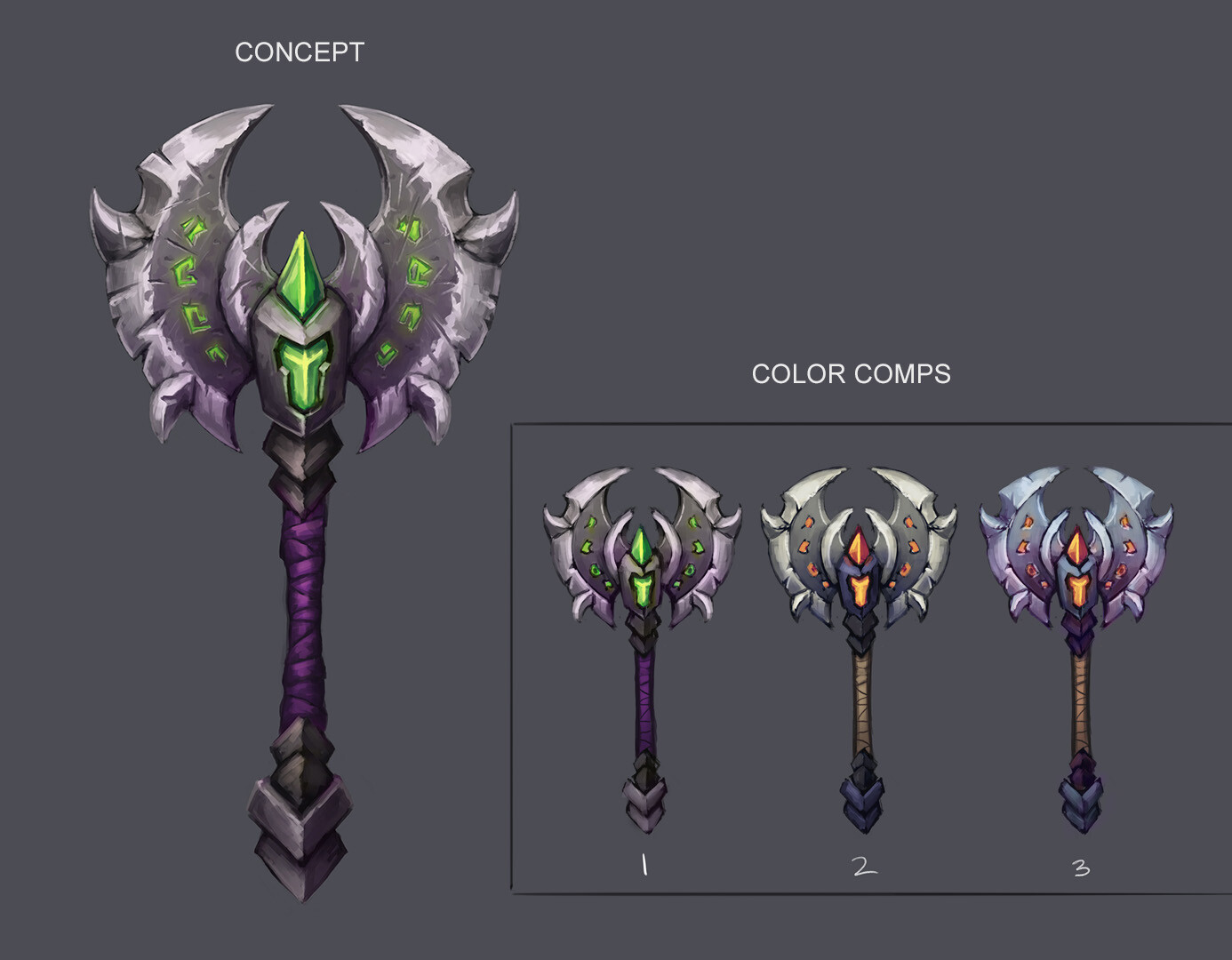 Final concept, plus some of the color comps I created to decide on color scheme. I ended up using 1 and 3 for the final textures. 