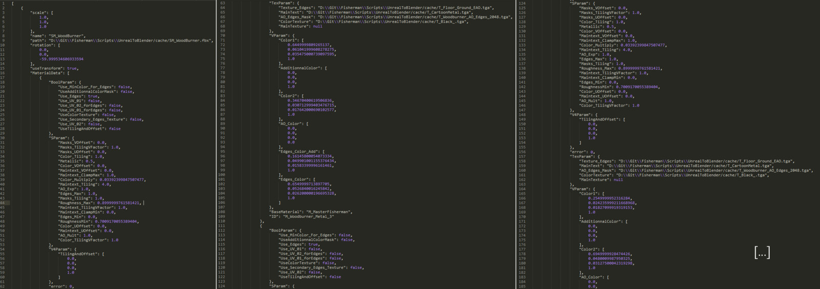 All informations (actor name, actor transform, mesh path, materials, material parameters values...) are serialized in a huge Json file.