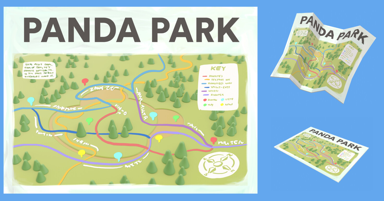 A map of Panda Park; the texture is a combination of a quick render and doodling over it