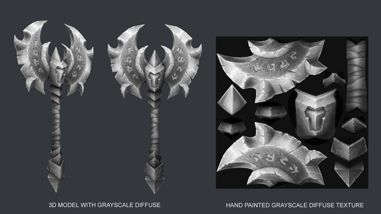 I painted the texture in grayscale first before using a gradient maps workflow to add color and create both final diffuse texture variations. 