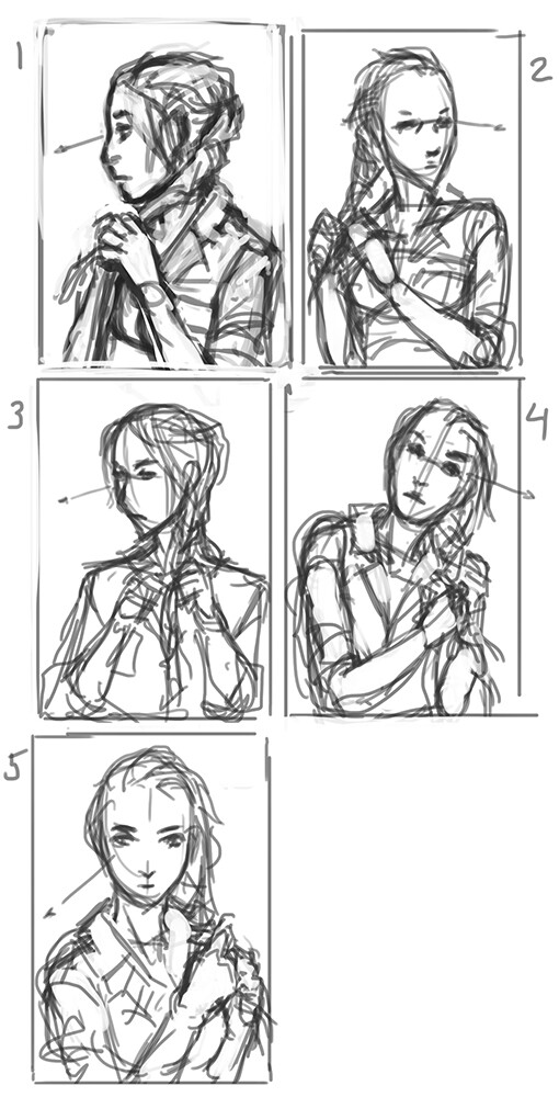 Client wanted the character portrait to feature the character braiding her hair, these were my suggestion sketches.