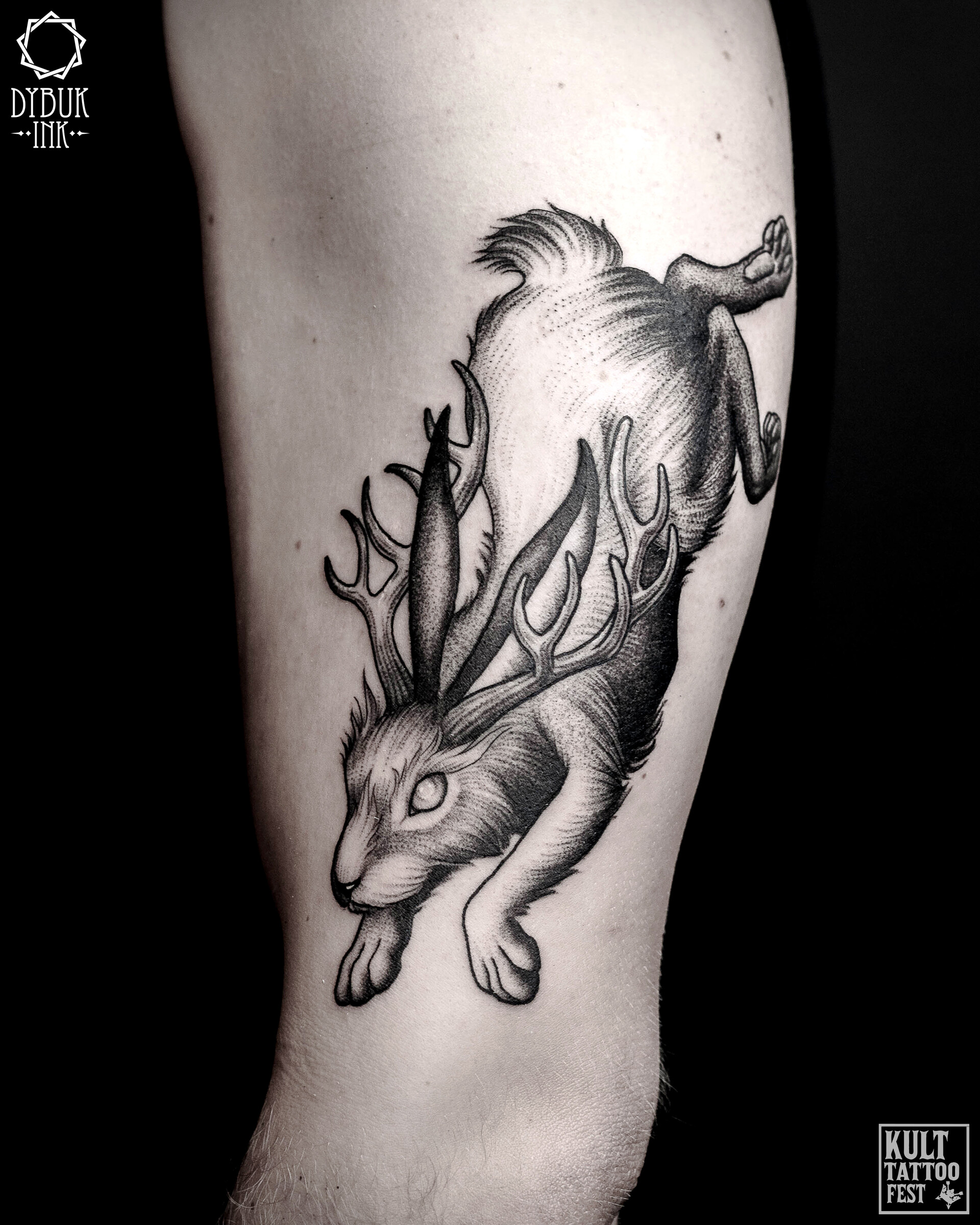 Tattoo uploaded by Xavier • Jackalope tattoo by Kyle Stacher. #KyleStacher # jackalope #fable #imaginary #animal #antler #rabbit • Tattoodo