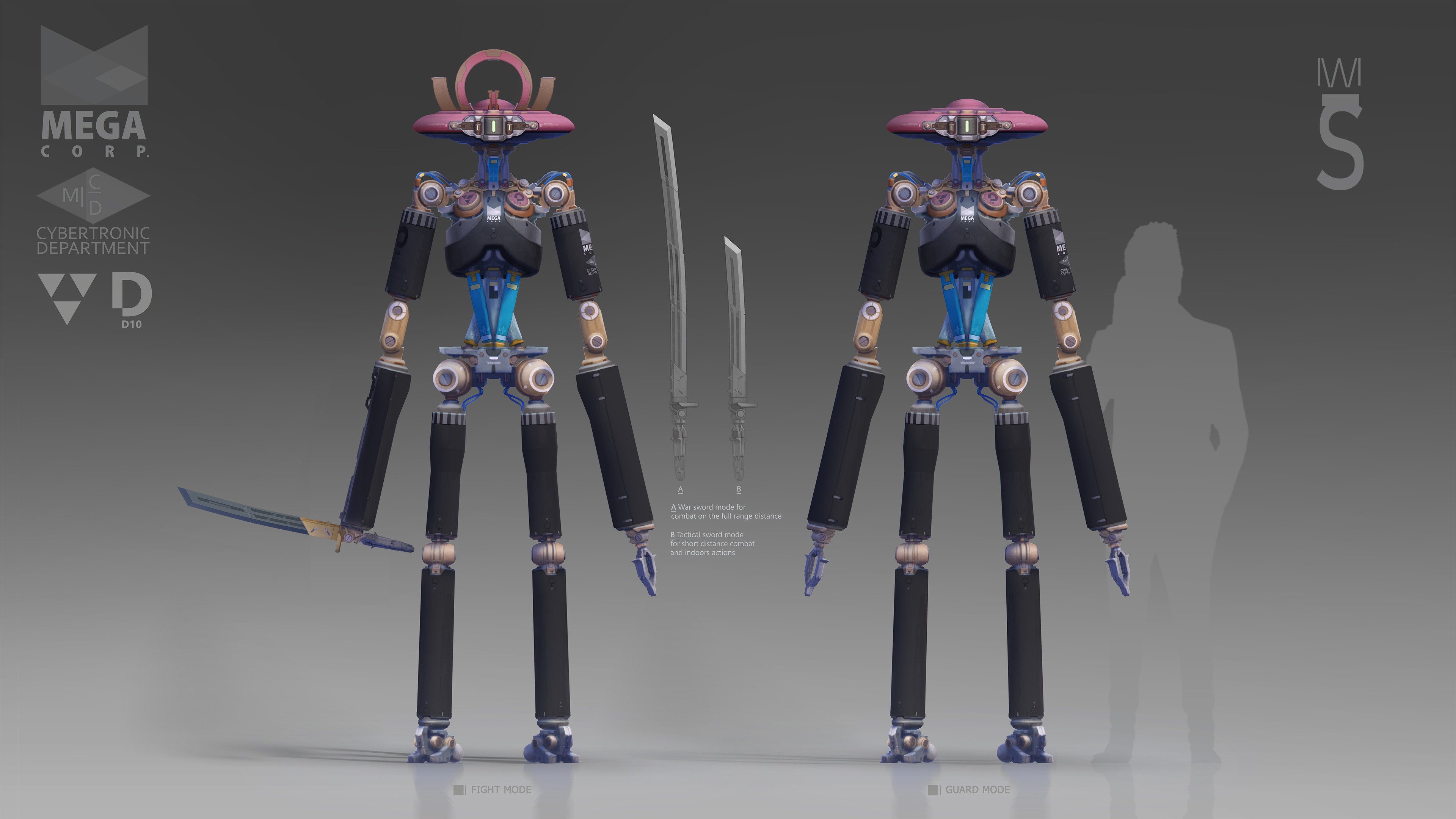 Guardian of honor - a robot created by Mega Corp Fields of application: guarding corporation and use in the private armies. The basic model is armed with two swords. At the time of hostilities, an antenna is opened in the head for better communication 