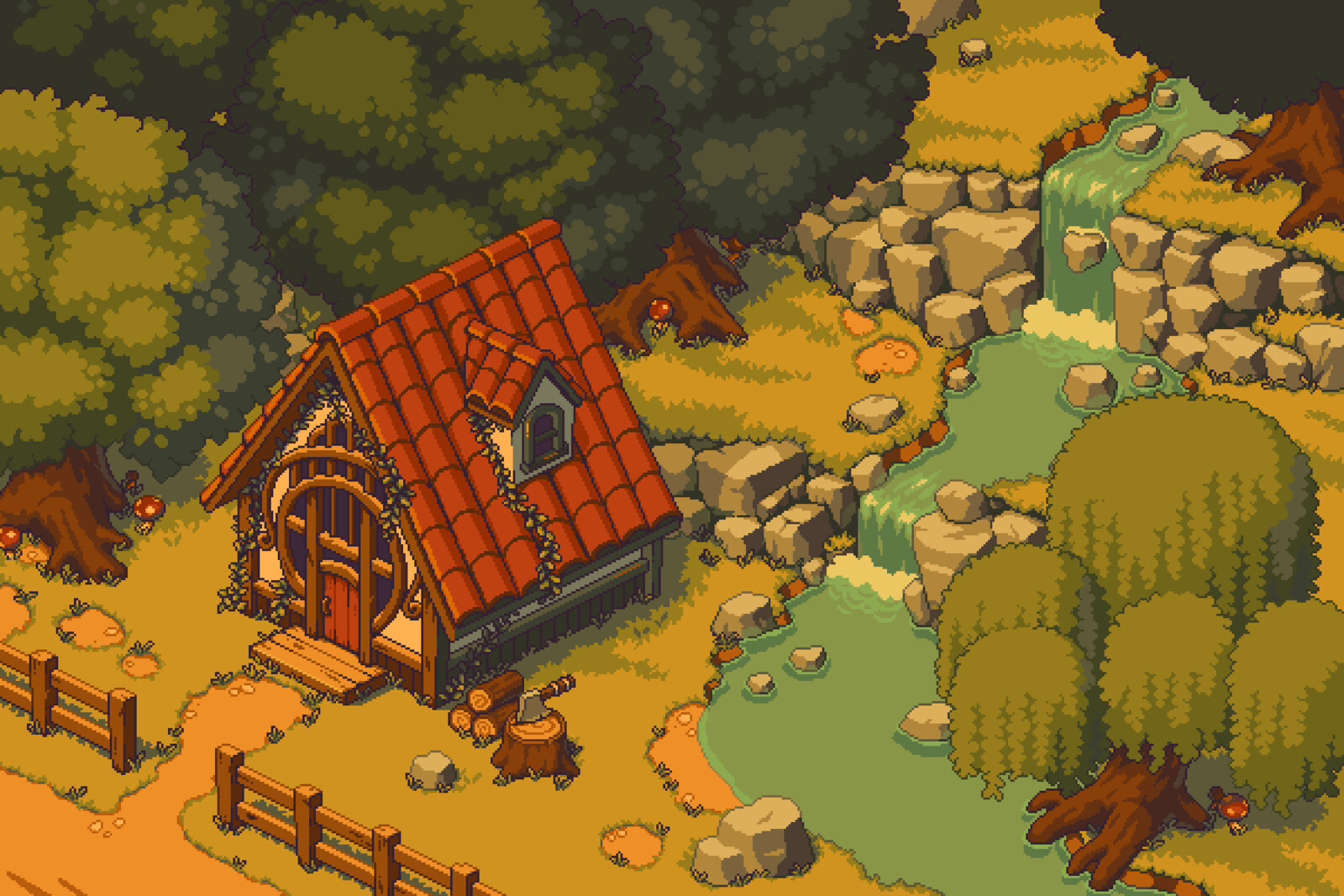 Pixel art cabin and forest scene