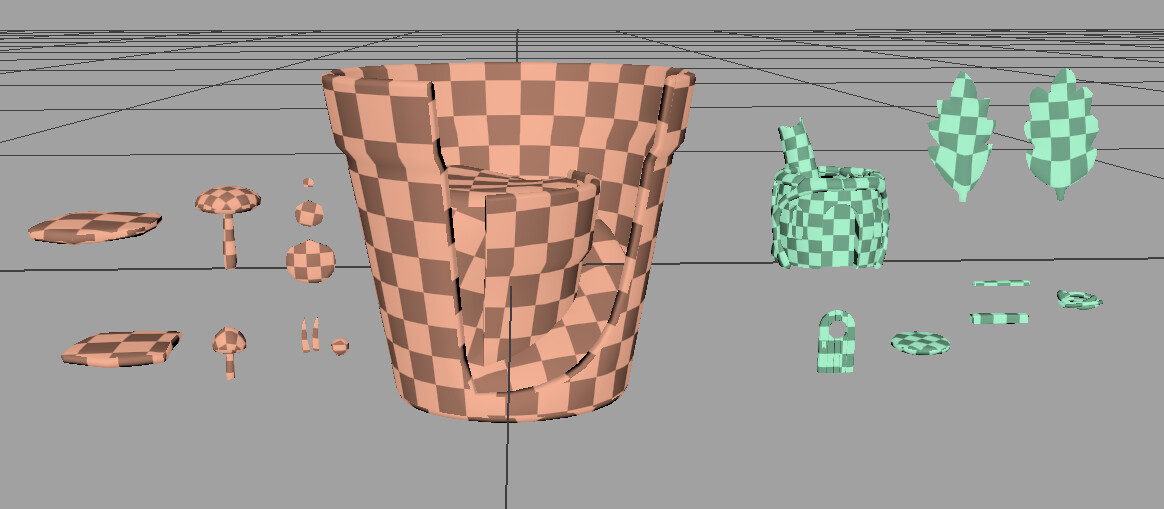 I split up the materials into 2, the pot and the house, and made sure all the UV's were aligned with the grid.