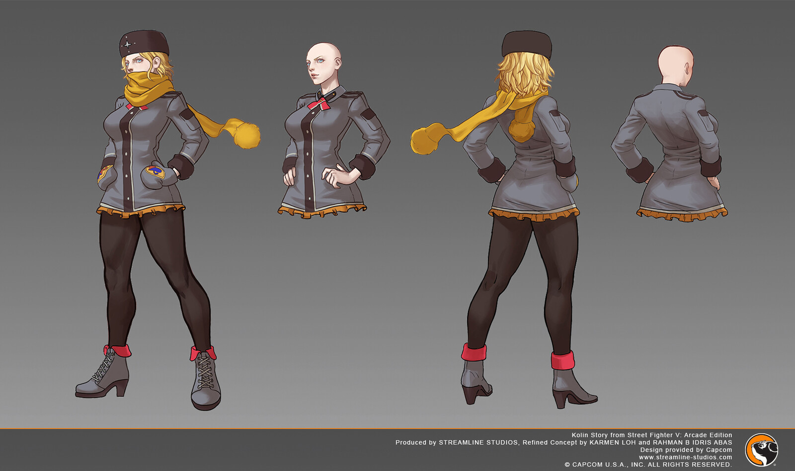 Kolin Story from Street Fighter V: Arcade Edition.
I did the refined concept for this costume and Kelly Tan
drew the basebody.
Design provided by Capcom.
Capcom was responsible for final adjustments and implementation in-game.