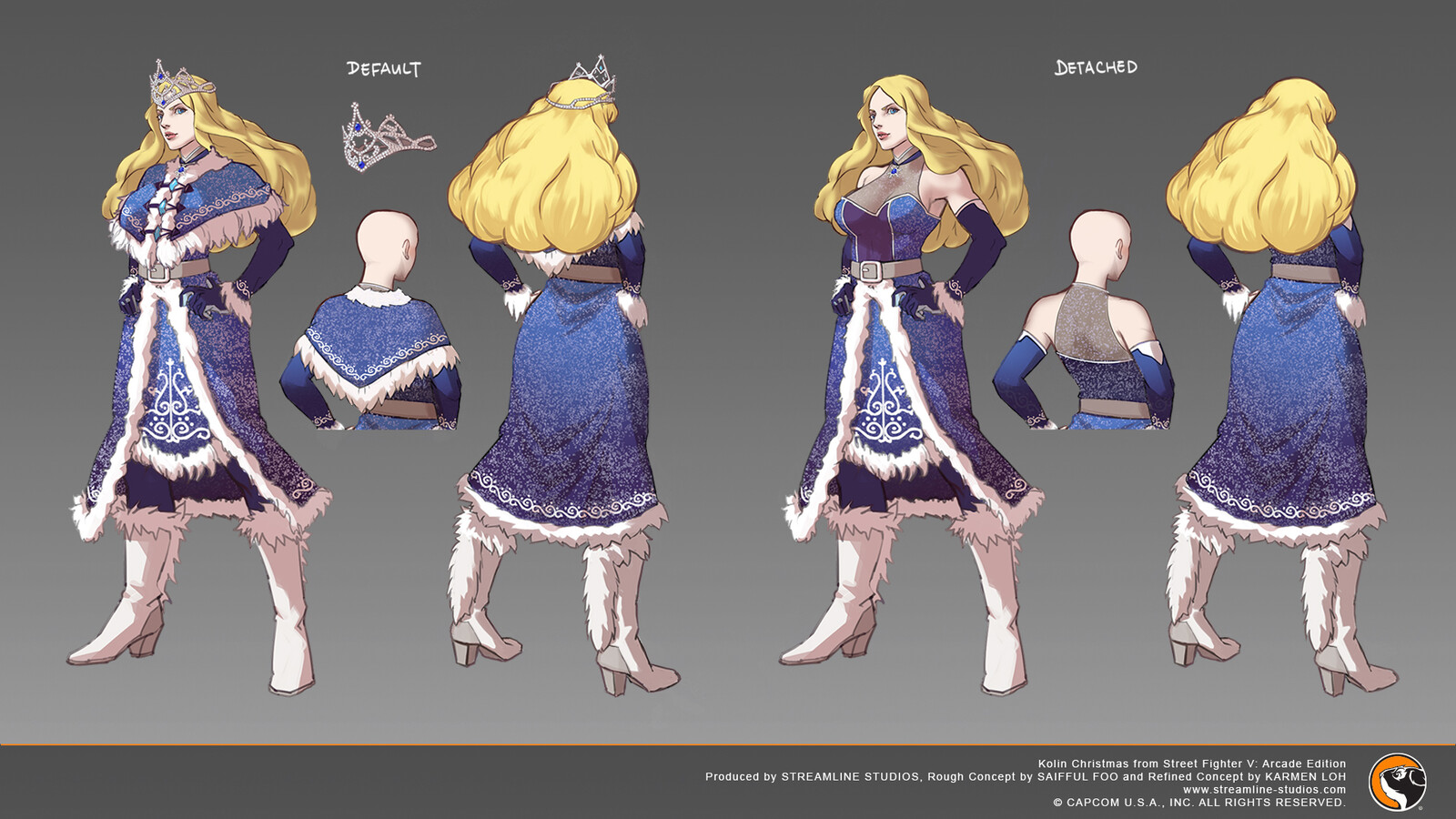 Kolin Christmas from Street Fighter V: Arcade Edition.
I did the refined concept for this costume, Sai Foo did the rough concept and Kelly Tan drew the basebody.
Capcom was responsible for final adjustments and implementation in-game.