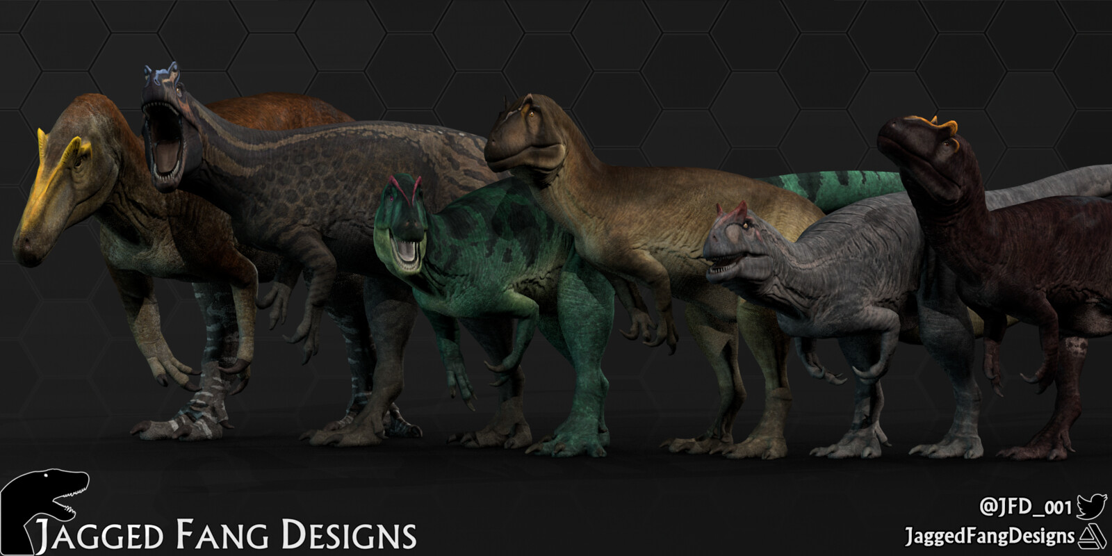 Allosaurus group render featuring Allosaurus fragilis, europaeus, maximus(?) and jimmadseni(?).