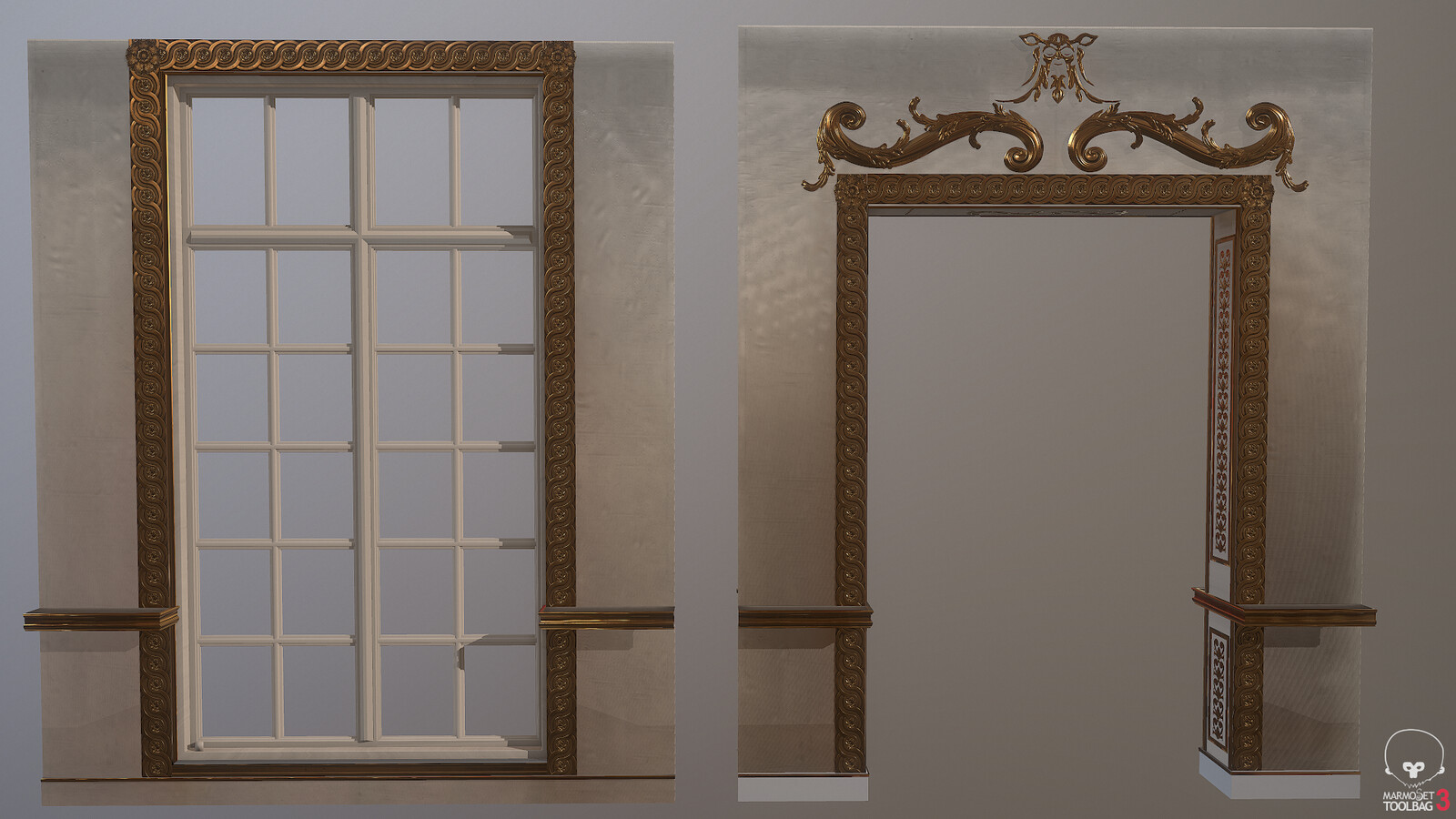 Modular Pieces: Window and Door. There's some weird aliasing going on with the plaster material in Marmoset.