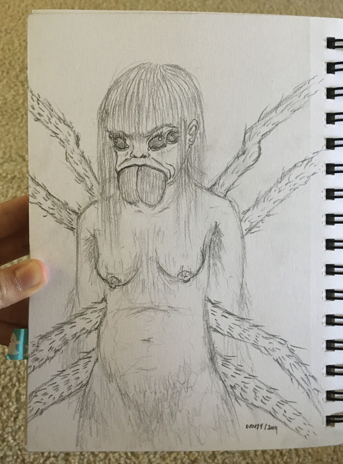Practicing the combination of human and arachnid anatomy, focusing especially on the chelicerae and multiple eyes. 